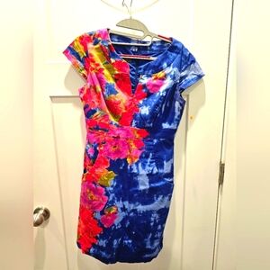 Donna Ricco NY Floral Tie-Dye Sheath Dress 6P Petite Cap Sleeve Multicolor